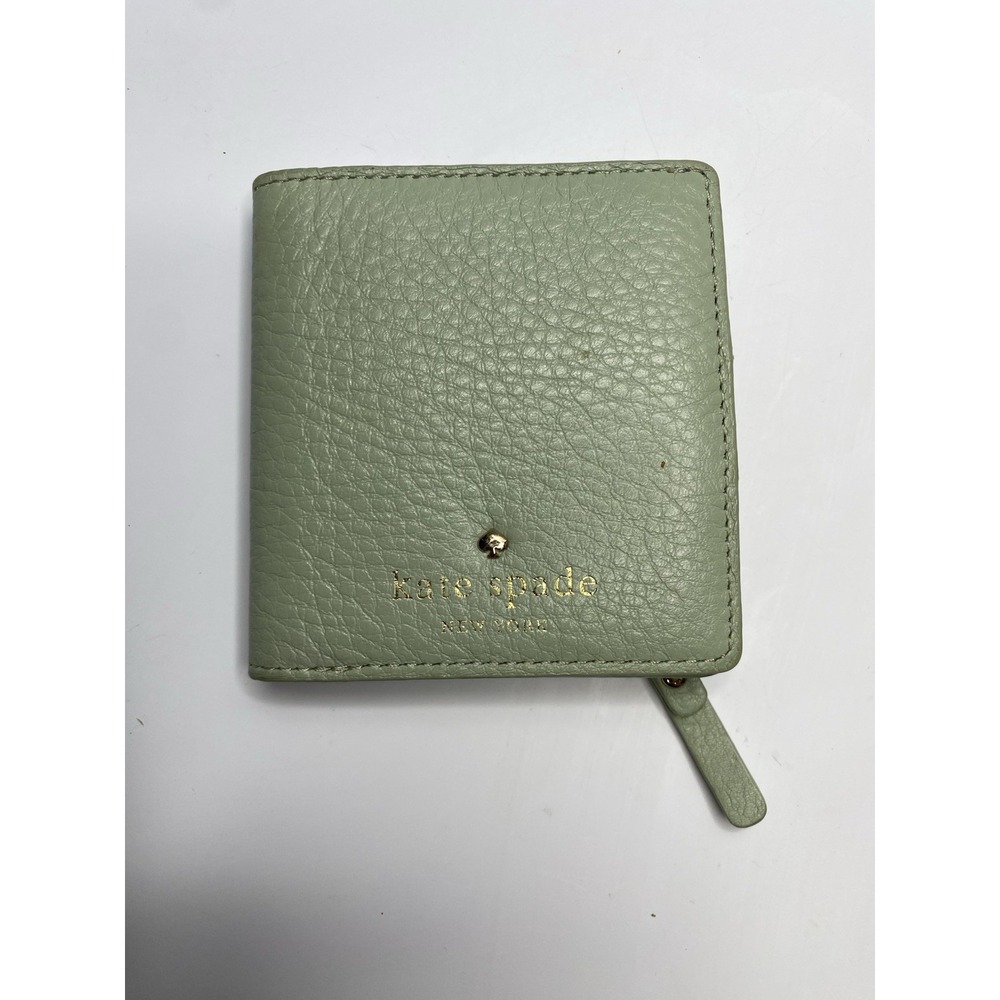 Kate Spade Light Green & Gold Bifold Button Leather Wallet w Zipped Coin Purse